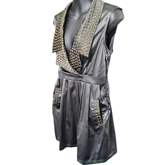 LuxeXXI | Timeless Classic Edgy Metallic Olive Studded Drop V Neck Dress | Med - Picture 4 of 16
